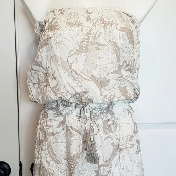 NWT Surf Gypsy Tan White Tropical Floral Strapless Slit Maxi Dress Swim Cover S - Picture 3 of 11